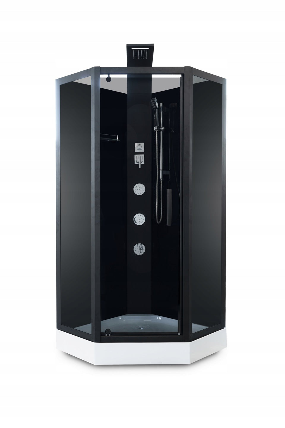 AIDA 90×90 Shower Cabin – Hydromassage, 6 mm Glass, Black, Pentagonal