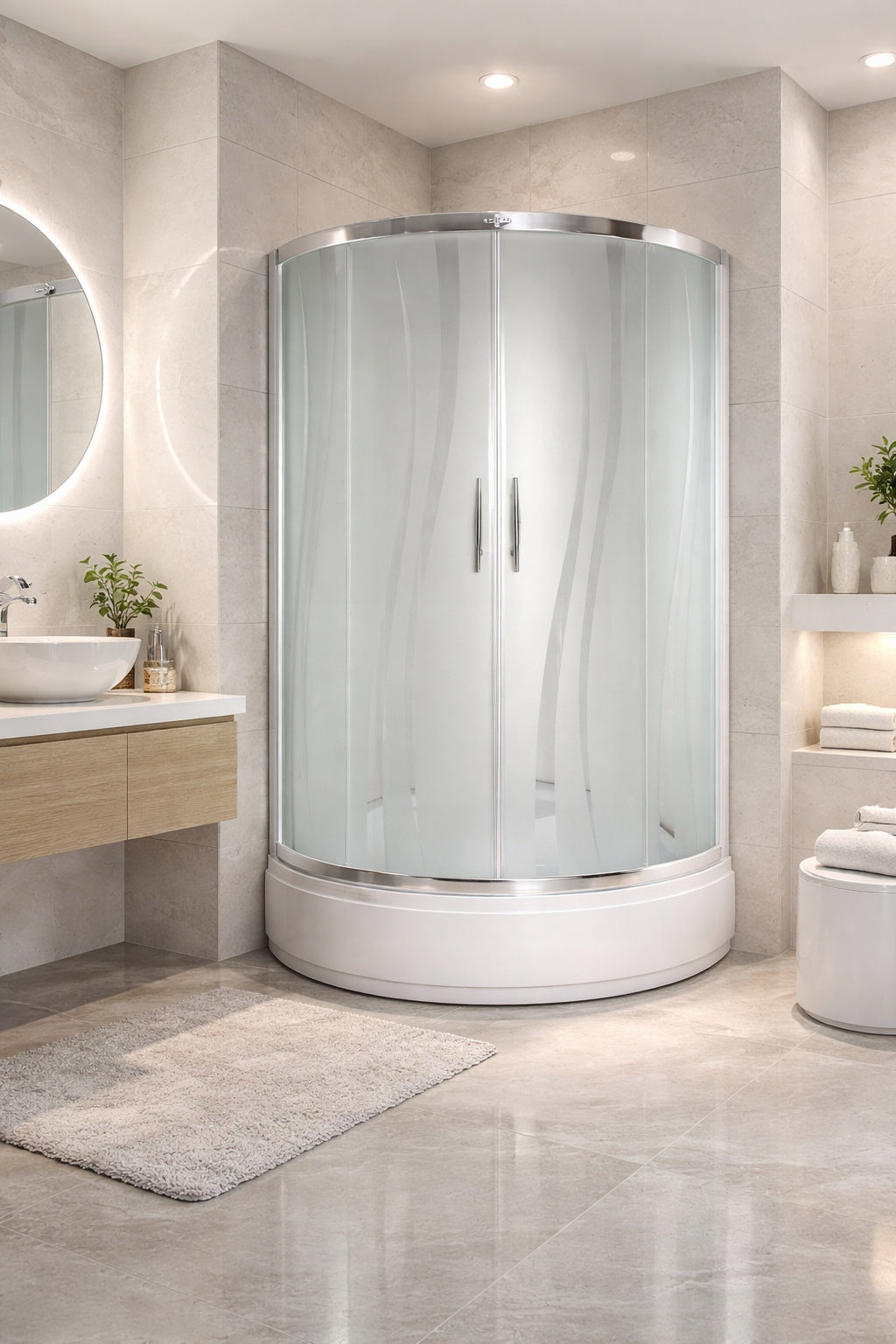 ARMAZI Malta Duo Shower Cabin – Semi-Circular, Decorative “Wave” Glass, Deep Tray with Seat