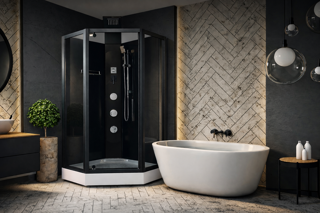 AIDA 90×90 Shower Cabin – Hydromassage, 6 mm Glass, Black, Pentagonal